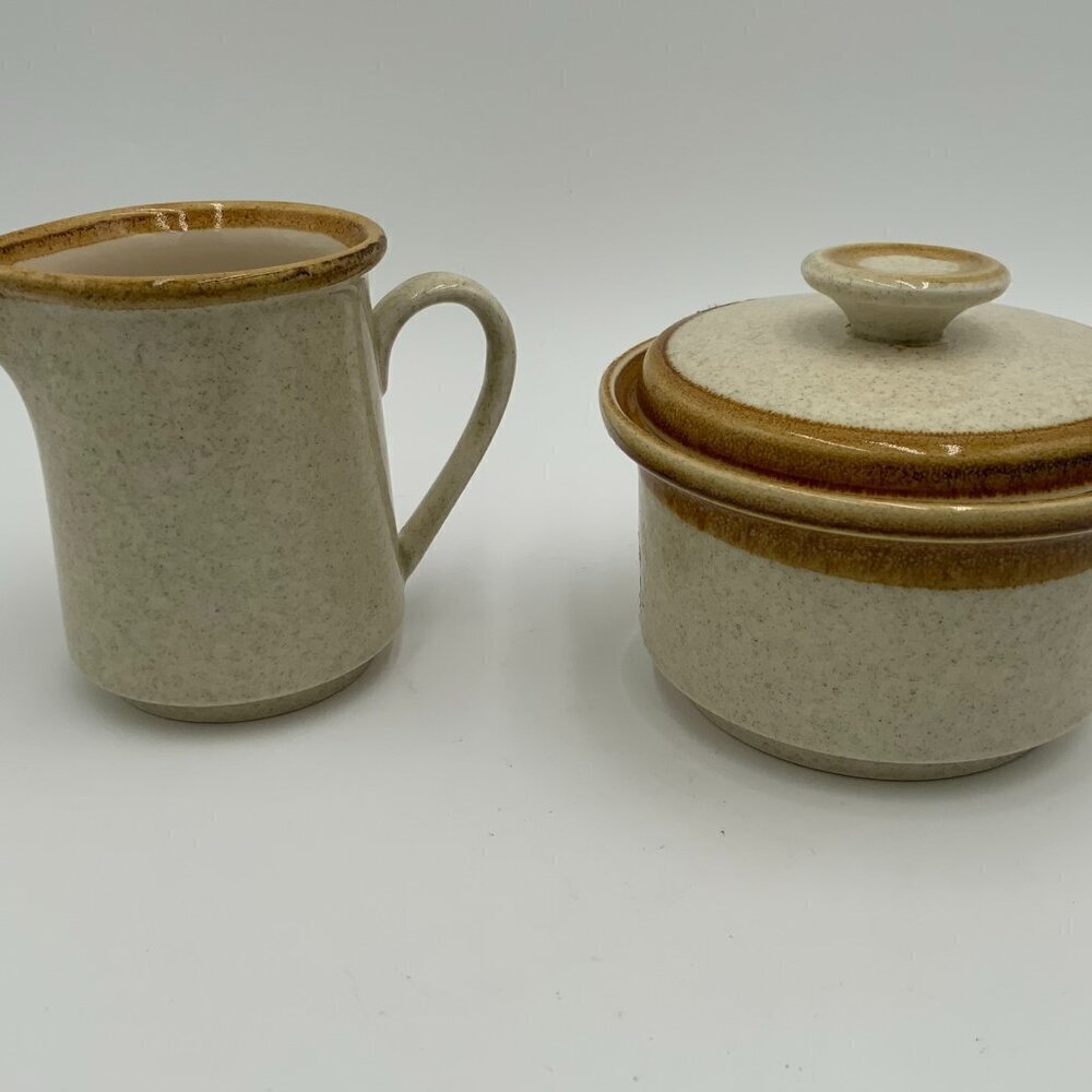 Mikasa Stone Manor Sugar Bowl w/ Lid & Creamer Harvest Gold Rim MCM F5800